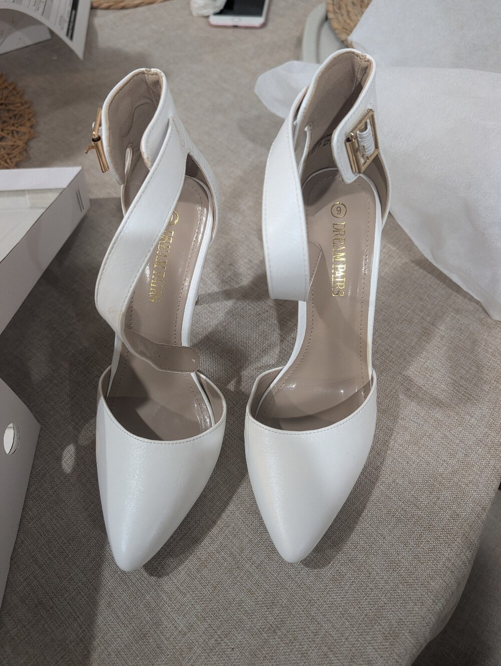 Dream Pairs White Pointed Ankle-Strap Heels with Gold Buckle